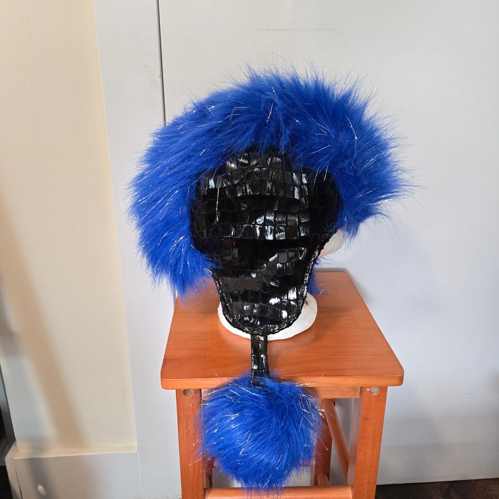Avanti‎ Blue Faux Fur Tinsel Festival Hat Ear Flap Scarf Rave Cosplay NWT